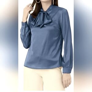 Allegra K BowTie Neck Solid Long Sleeve Satin Blouse METALLIC BLUE | SMALL